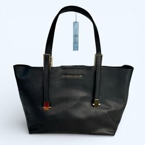 Antonio Melani Anna Tote Bag Purse Black Faux Leather Gold Hardware